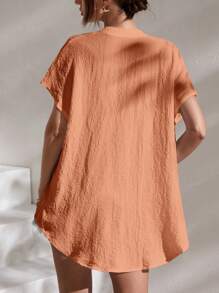 SHEIN Essnce 素色蝙蝠袖四分之一無紐扣開襟襯衫 - 橘色 - 查看 2