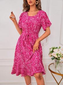SHEIN LUNE Ditsy Floral Ruffle Hem Belted Dress