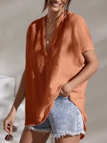 SHEIN Essnce 素色蝙蝠袖四分之一無紐扣開襟襯衫 - 橘色 - 查看 3