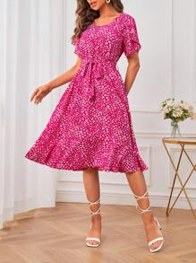 SHEIN LUNE Ditsy Floral Ruffle Hem Belted Dress