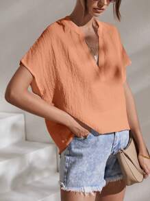 SHEIN Essnce 素色蝙蝠袖四分之一無紐扣開襟襯衫 - 橘色 - 查看 4