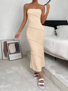 SHEIN EZwear 素色抹胸緊身洋裝 - 米色 - 查看 4