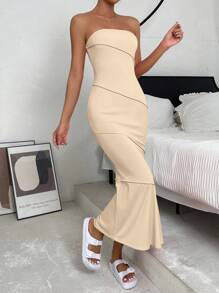 SHEIN EZwear 素色抹胸緊身洋裝 - 米色 - 查看 6