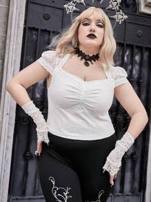 ROMWE Goth Plus Ruched Backless Lace Top - White - View 1