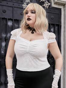 ROMWE Goth Plus Ruched Backless Lace Top - White - View 5