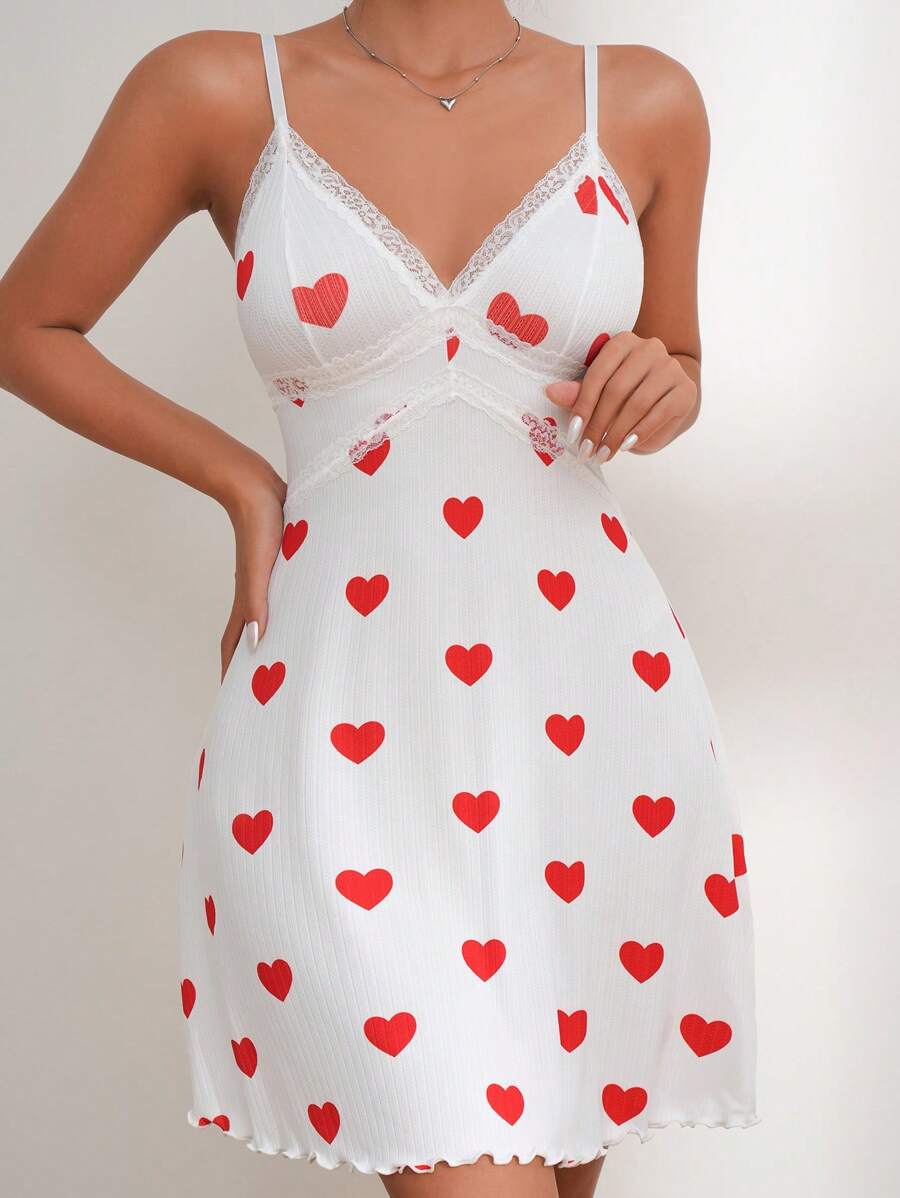 Váy ngủ & áo ngủ Nữ Tương phản ren Xù nhỏ Tim - trắng - Xem 1