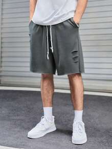 Manfinity RebelGame 1 pieza Shorts de cintura con cordón desgarro - Gris Oscuro - Ver 1