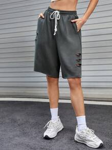 Manfinity RebelGame 1 pieza Shorts de cintura con cordón desgarro - Gris Oscuro - Ver 5