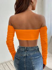 SHEIN PETITE Off Shoulder Drawstring Front Crop Top - Orange - View 2