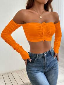 SHEIN PETITE Off Shoulder Drawstring Front Crop Top - Orange - View 3
