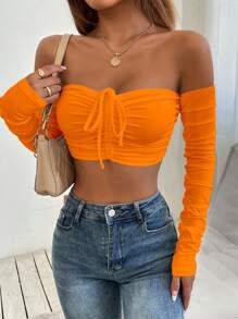SHEIN PETITE Off Shoulder Drawstring Front Crop Top - Orange - View 5