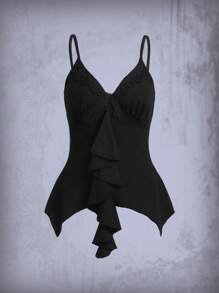 ROMWE 素色荷葉邊吊帶上衣 - 黑色 - 查看 1