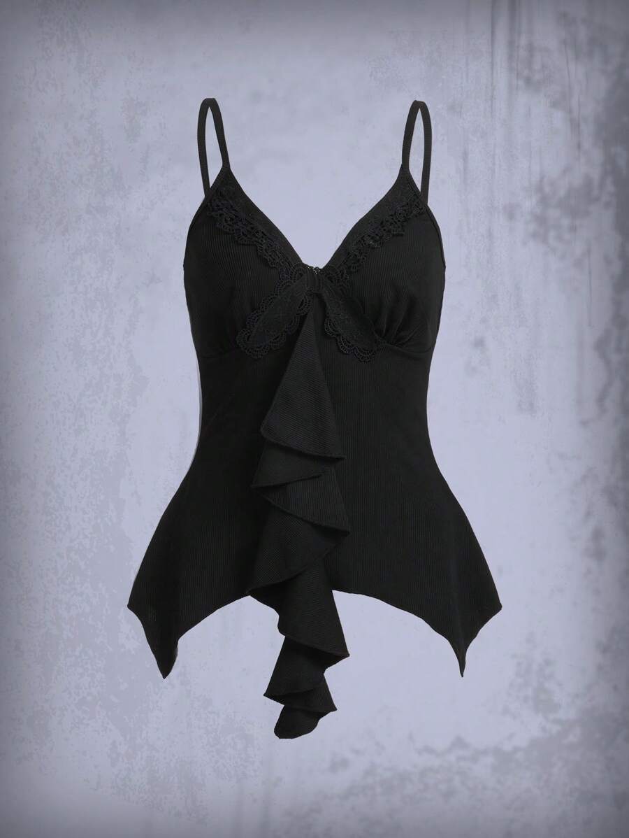 ROMWE 素色荷葉邊吊帶上衣 - 黑色 - 查看 1