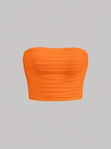 SHEIN MOD Solid Ruched Mesh Tube Top Strapless Top - Orange - View 1