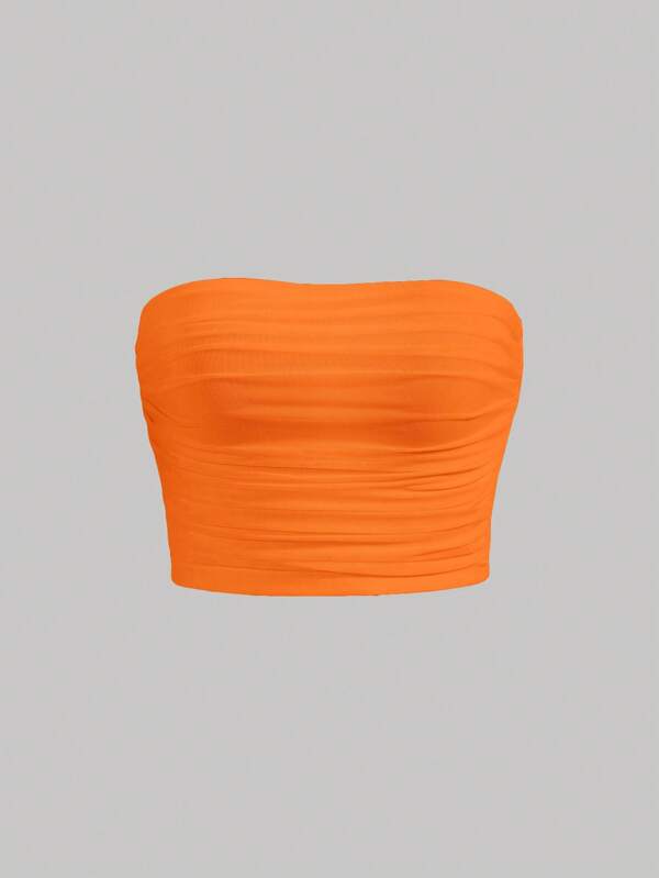 SHEIN MOD Solid Ruched Mesh Tube Top Strapless Top