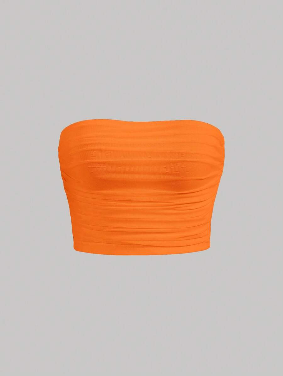 SHEIN MOD Solid Ruched Mesh Tube Top Strapless Top - Orange - View 1