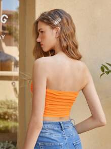 SHEIN MOD Solid Ruched Mesh Tube Top Strapless Top - Orange - View 3