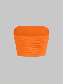 SHEIN MOD Solid Ruched Mesh Tube Top Strapless Top - Orange - View 5