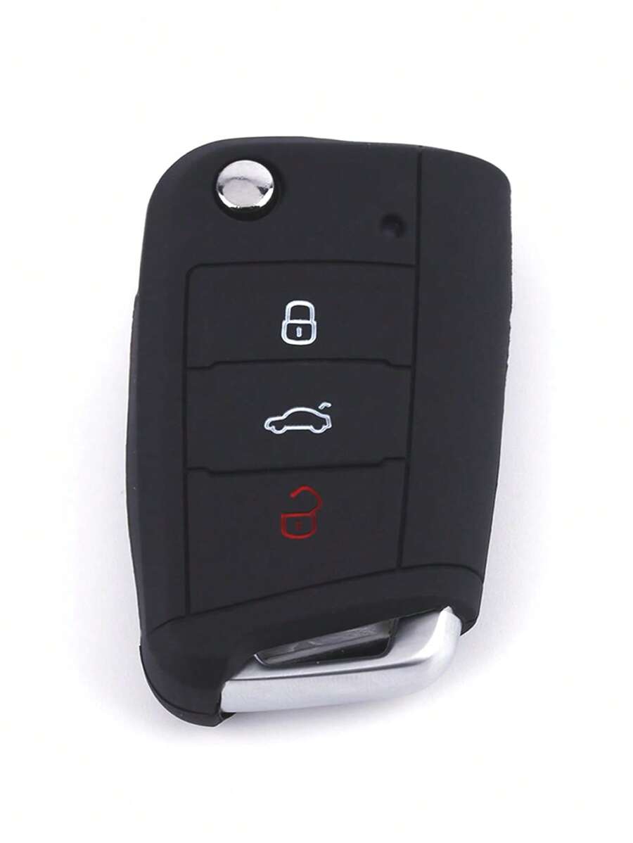 1pc Black Silicone Car Key Protective Cover For VW Polo Golf 7 Tiguan, For SEAT Ateca Leon Ibiza, For Skoda Fabia Kodiaq Karoq, Shockproof - Black - View 1