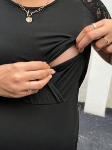 SHEIN Maternidad Vestido ajustado con encaje en contraste de manga raglán - Negro - Ver 3