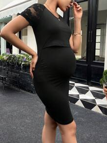 SHEIN Maternidad Vestido ajustado con encaje en contraste de manga raglán - Negro - Ver 4