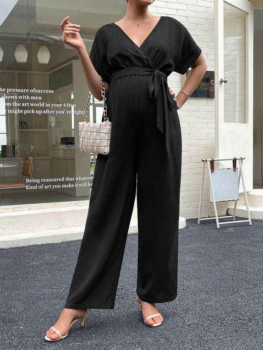 SHEIN Maternity Surplice Neck Batwing Sleeve Belted Jumpsuit - Black - View 1