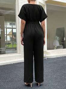 SHEIN Maternity Surplice Neck Batwing Sleeve Belted Jumpsuit - Black - View 2