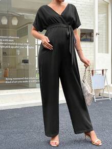 SHEIN Maternity Surplice Neck Batwing Sleeve Belted Jumpsuit - Black - View 4
