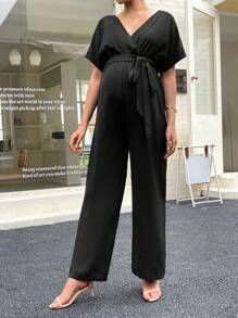 SHEIN Maternity Surplice Neck Batwing Sleeve Belted Jumpsuit - Black - View 5
