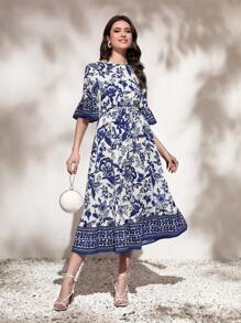 Mulvari Floral Print Flounce Sleeve Ruffle Hem Belted Dress - Blue - View 1