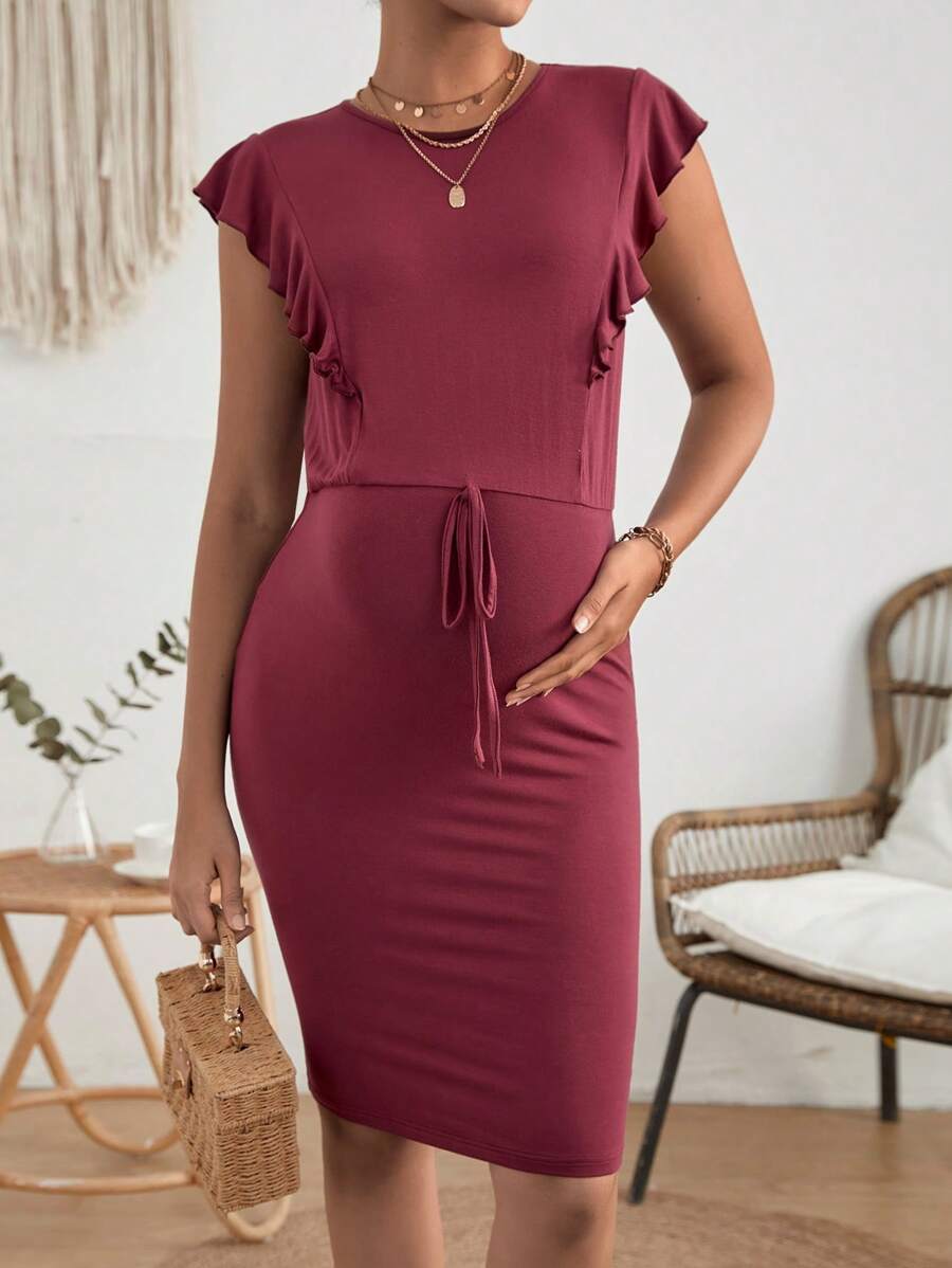 SHEIN Maternidad Vestido ajustado con nudo delantero ribete con fruncido - Burdeos - Ver 1