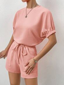 SHEIN LUNE Batwing Sleeve Tee & Slant Pocket Shorts - Pink - View 3