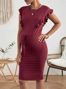 SHEIN Maternidad Vestido ajustado con nudo delantero ribete con fruncido - Burdeos - Ver 4