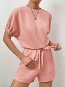 SHEIN LUNE Batwing Sleeve Tee & Slant Pocket Shorts - Pink - View 4