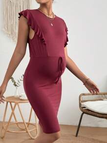 SHEIN Maternidad Vestido ajustado con nudo delantero ribete con fruncido - Burdeos - Ver 5