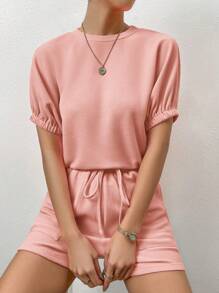 SHEIN LUNE Batwing Sleeve Tee & Slant Pocket Shorts - Pink - View 5