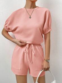 SHEIN LUNE Batwing Sleeve Tee & Slant Pocket Shorts - Pink - View 6