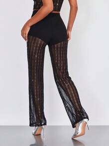 SHEIN BAE High Waist Glitter Mesh Trousers - Black - View 5