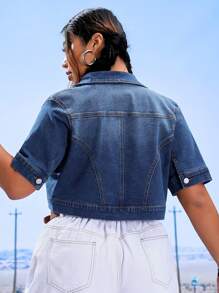 SHEIN ICON 大碼翻蓋口袋短款牛仔夾克 - 深色水洗藍 - 查看 2