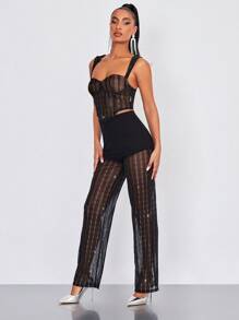 SHEIN BAE High Waist Glitter Mesh Trousers - Black - View 6