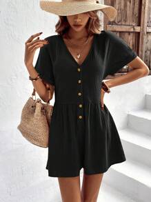 SHEIN VCAY Batwing Sleeve Button Front Romper Without Belt - Black - View 7