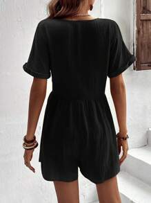 SHEIN VCAY Batwing Sleeve Button Front Romper Without Belt - Black - View 2
