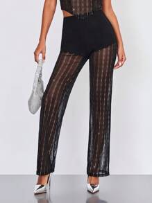 SHEIN BAE High Waist Glitter Mesh Trousers - Black - View 3
