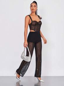 SHEIN BAE High Waist Glitter Mesh Trousers - Black - View 1