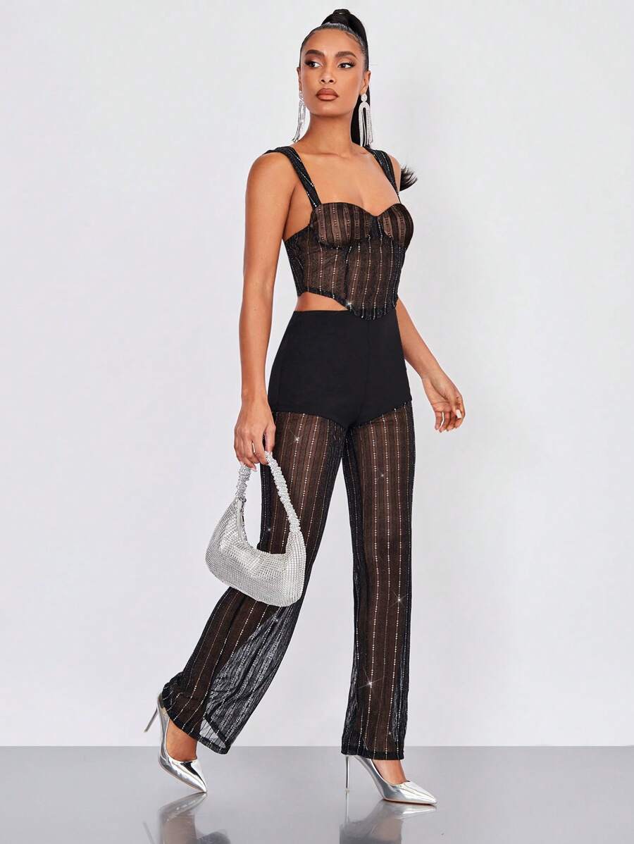 SHEIN BAE High Waist Glitter Mesh Trousers - Black - View 1