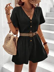 SHEIN VCAY Batwing Sleeve Button Front Romper Without Belt - Black - View 4