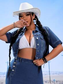 SHEIN ICON 大碼翻蓋口袋短款牛仔夾克 - 深色水洗藍 - 查看 5