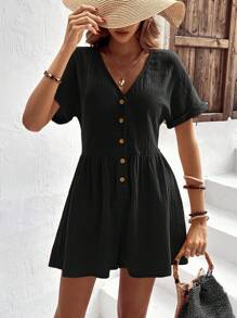 SHEIN VCAY Batwing Sleeve Button Front Romper Without Belt - Black - View 5