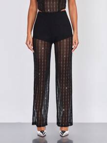 SHEIN BAE High Waist Glitter Mesh Trousers - Black - View 2