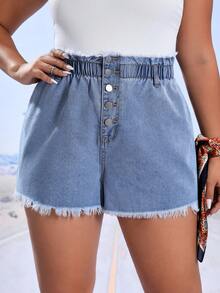 SHEIN ICON Plus Button Fly Raw Hem Denim Shorts - Light Wash - View 3